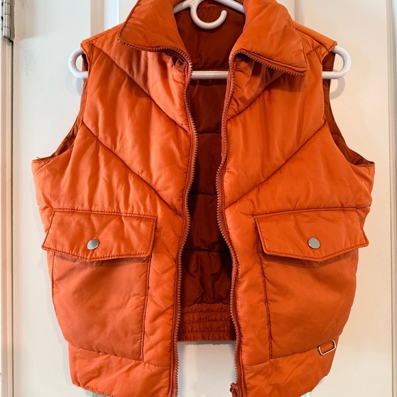 Reversible Burnt Orange Puffer Vest Quilted Utility Style - Picture 4 of 8